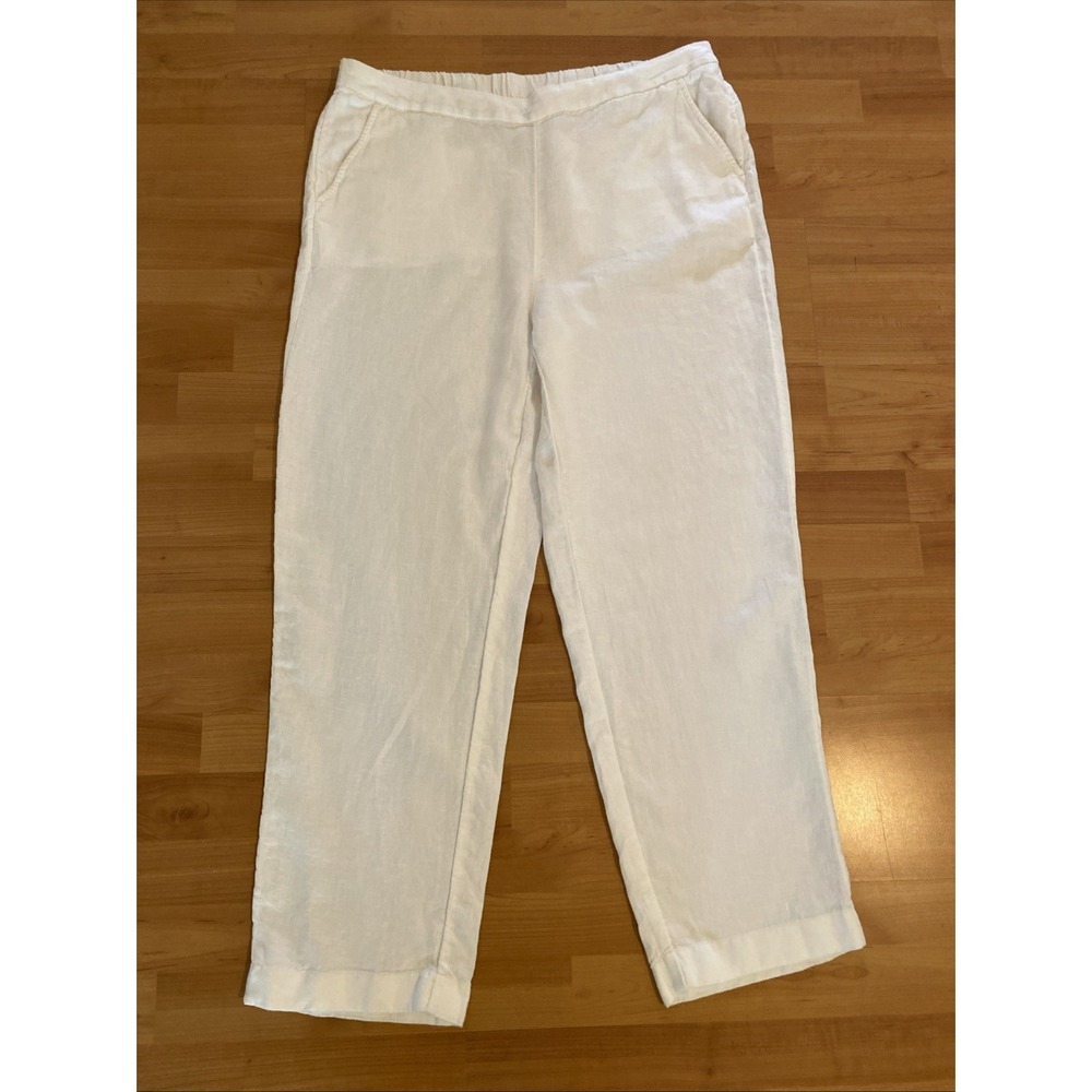 Chicos Pants Size 2.5R/ 14 100% Linen Saba‎ White Wide Leg Elastic Waist Beachy